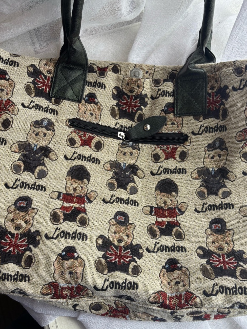 Vintage London Teddy Bear Tapestry Tote Bag | Union Jack British Shoulder Bag